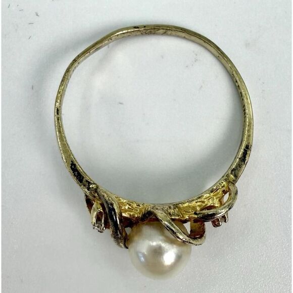 Vintage Sterling Silver Vermeil Pearl & Diamond Accent Ring Size 9.75 - Picture 3 of 8